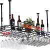 EMISOO Ceiling Wine Glass Rack, Hanging Wine Glass Rack, Ceiling Mount Metal Wine Glass Holder with Display Shelf,Height Adjustable Hanging Wine