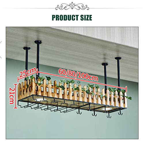 Rustic Hanging Wine Rack with Glass Holder and Shelf, Adjustable Ceiling Bar Wine Glass Rack with Lights, Iron Bottle Holder Wine Shelf