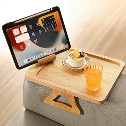 GEHE Bamboo Couch Arm Table, Foldable Sofa Arm Tray with 360° Rotatable Phone Holder, Armrest Tray for Small Space, Couch Clip on Tray, Remote Co