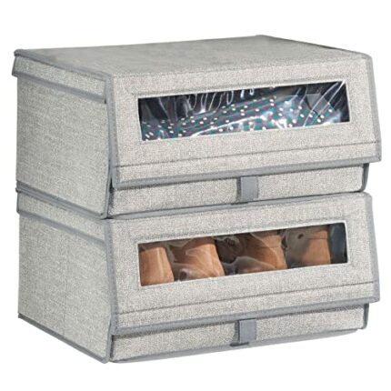 mDesign Set of 2 Stackable Shoe Storage Boxes – Large Fabric Shoe Box with Lid and Transparent Vinyl Window – Ideal Footwear Storage and Shoe Org