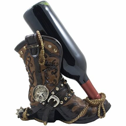 Fancy Cowboy Boot Wine Bottle Holder Decorative Display Stand Statue with Rope, Spur & Texas Star for Country Western Bar Decor and Kitchen Count