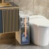 4 Tier Narrow Bathroom Floor Cabinet for Gaps, Toilet Paper Drawer Cart Storage Tower with Clear Drawers and Easy Pull Handle Vertical Storage Un