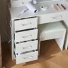 Dressing Vanity Desk with Mirror and Lights, Hollywood Girls Vanity Table Sliding Mirror with 5 Large Capacity Drawers and Cushion Stool for Bedr
