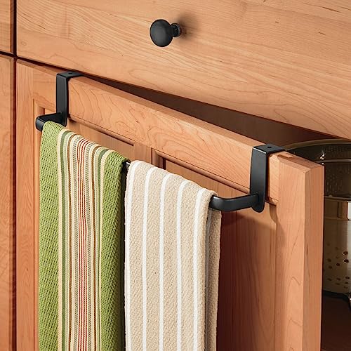 mDesign Over-the-Cabinet Kitchen Dish Towel Bar Holder – Towel Rack for Kitchen and Bathroom Cupboards – Steel Tea Towel Rail with No Drilling Re