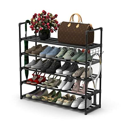 Hsscblet 5 Tiers Metal Shoe Rack,Adjustable Shoe Shelf Storage Organizer with Versatile Hooks,Stackable Boot & Shoe Storage,for Entryway,Hallway,