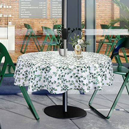 Qucover Outdoor Tablecloth Polyester Leaf Pattern Wipeable Tablecloth Round 150cm 60" Circle Table Cloth with Parasol Hole and Zipper for Garden
