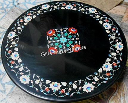 Gifts And Artefacts 42 x 42 Inches Black Round Shape Marble Dining Table Top Multicolor Gemstone Inlay Work Kitchen Table