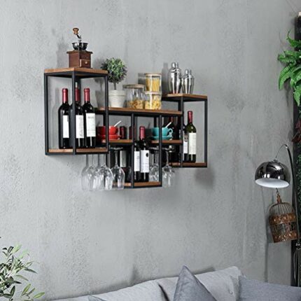 PIBM Wall-Mounted Wine Rack Retro Iron Wood Shelf Creative Household Decorative Wine Cabinet 106X42X20Cm J1030