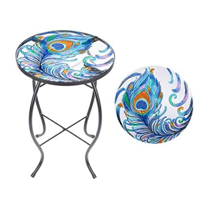 MUMTOP Outdoor Side Table - Small Outdoor Table, 14” Round Patio Side Table End Table, Peacock Feather Glass Plant Stand for Garden Patio Living