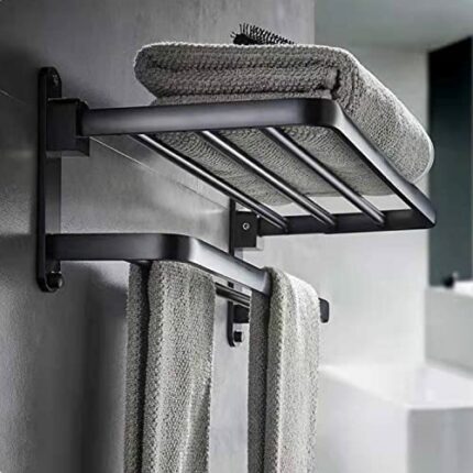 BYONGCHO Towel Rack for Bathroom and Lavatory, Towel Holder 24 inches Towel Shelf Wall Mount with Two Towel Bars Foldable Towel Holder, Bathroom