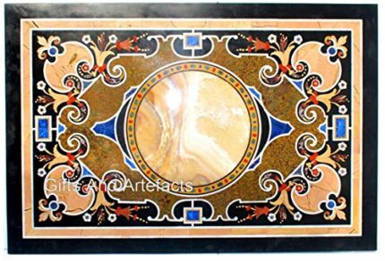 Gifts And Artefacts 30 x 48 Inches Unique Pattern Inlay Work Kitchen Table Top Rectangle Shape Black Marble Dining Table add Royal Look to your L