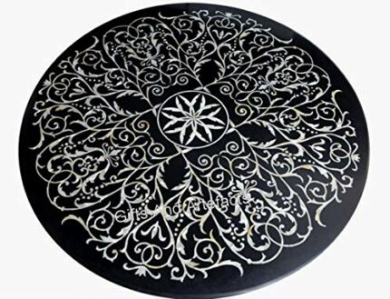 60 x 60 Inches Pietra Dura Art Hallway Table Top Black Marble Round Shape Dining Table for Home and Hotel Furniture Decor