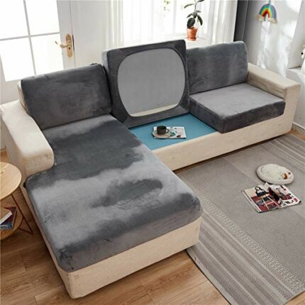 Sofa Seat Cushion Covers Velvet, Sofa Cushion Slipcovers Replacement, Couch Cushion Covers Thick Stretch for Individual Cushions (Gray,Large 1-se