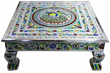 eRadius 15"x15" Aluminimum Minakari Bajot Table Small Table Bajath Bajot Chowkie Coffee Weeding Puja Camping Table