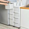 OPSREY Small Bathroom Storage Corner Floor Cabinet, Narrow Bath Sink Organizer with Drawers and Casters, Toilet Paper Organizer Cabinet