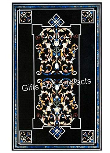 Gifts And Artefacts 30 x 48 Inches Antique Pattern Inlay Work Kitchen Back Splash Rectangle Shape Black Marble Dining Table Top with Elegant Look