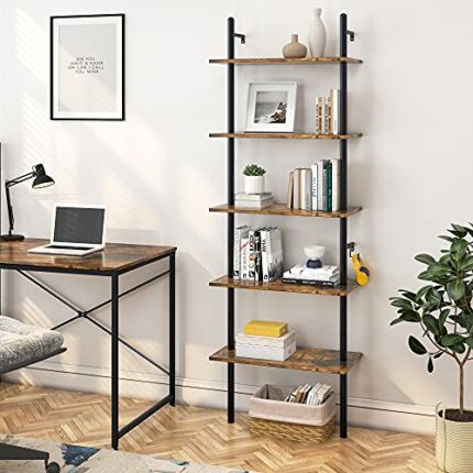 Industrial Ladder Shelf 5-Tier Bookcase Rack 180CM Storage Unit with Metal Frame Floating Wall Shelf for Living Room, Office, Bedroom