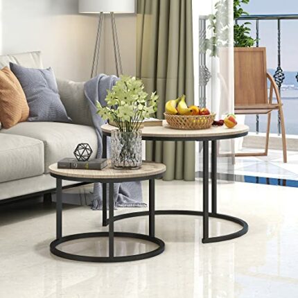 BOFENG Round Coffee Tables Set of 2 Stacking End Side Tables with Sturdy Steel Metal Frame, Living Room Tables,Sofa Tea Table for Small Space,Nat
