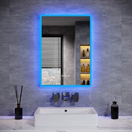ELEGANT Backlit Bluetooth Bathroom Mirrors with Shaver Socket, 500 x 700 mm Illuminated Wall Mounted Bathroom Vanity Mirror with LED Lights and D