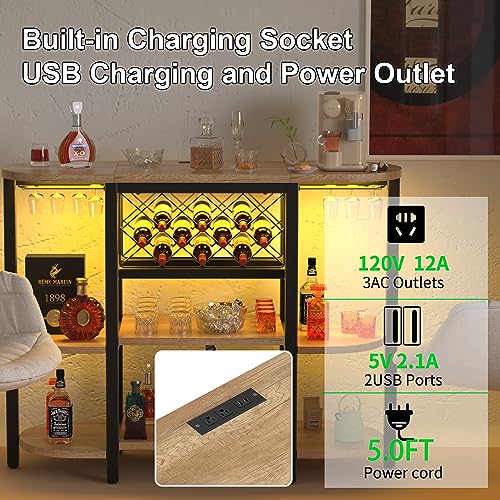 Bar Cabinet, Wine Racks Free Standing Floor with Outlet, Coffee Bar Cabinet with RGB LED Light, Mini Bar Table with Glass Holders, Bottles Wine S