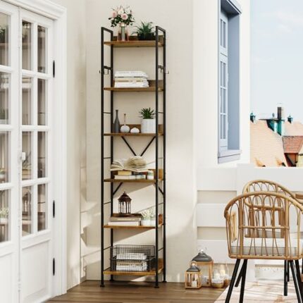 YITAHOME Bookcase 6 Tiers, Floor Standing Book Shelf with 4 Hooks, Wooden Shelf and Metal Frame Book Rack Industrial Tall Shelf unit Storage for