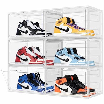 MadeGlad X-Large Clear Plastic Shoe Boxes, 6 Pack. Hard, Sturdy, Durable And Stackable Organizer Storage Bins With Magnetic Side Door (14.2" x 11