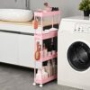 KINGRACK Slim Storage Trolley, Narrow Rolling Cart 4 Tier on Wheels, 13cm Wide Slide out Rolling Utility Cart with Hooks for Kitchen or Living Ro