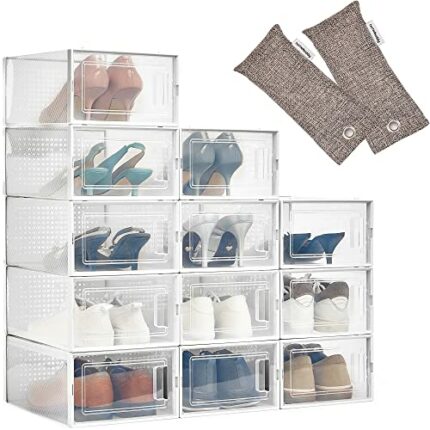 HomeBuddy Shoe Organizer Box - 12 Pack Shoe Box, Stackable Sneaker Storage, Sturdy Shoe Containers with Back Ventilation, Clear Shoe Boxes - Bamb