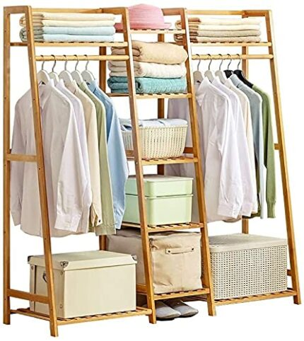 KRHINO Clothes rack and hat rack Bedroom Vertical Coat Rack Door Simple Clothing Storage Rack Bamboo Wood Multifunctional Clothes Rack Shoe Rack
