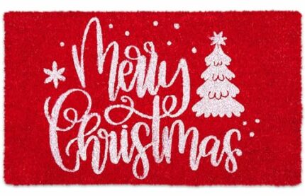 AnyDesign Merry Christmas Door Mats Natural Coir Doormat Red White Non-Slip Floor Mats Xmas Tree Printed Decorative Entrance Door Rugs for Christ