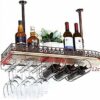 SUCHETA Hanging Wine Rack with Glass Holder and Shelf, Wine Holder Ceiling Hanging Mounted Solid Wood Wine Rack Wine Glass Metal Hanging Rack and