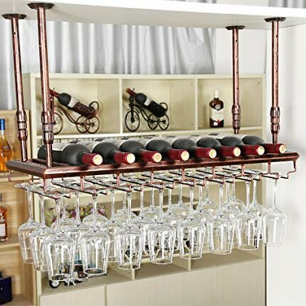 KEppd Vintage Ceiling Wine Rack with Hanging Adjustable Boom, Metal Wine Bottle and Glass Holder, Kitchen Bar Counter Floating Goblet Stemware St