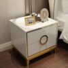 SDFGH Bedside Table with Double Drawer Design, Stainless Steel Metal Plating Frame Simple Bedside Table, White
