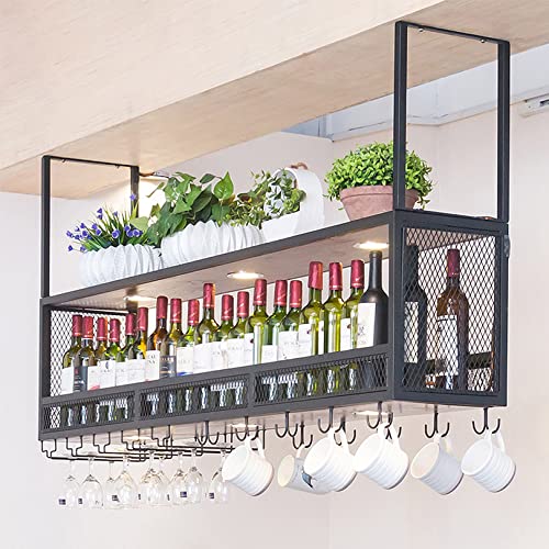 Ceiling Mounted Wine Rack with Glass Holder, Industrial Metal Wine Shelf Champagne Glass Goblets Bottle Holder Hanging Floating Wine Shelf for Ki