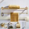 RAKUTE Brushed Gold Full Copper Bathroom Accessories Kit, Towel Ring, Toilet Brush, Triangular Basket, Tissue Rack, Coat Hook Bathroom Ring