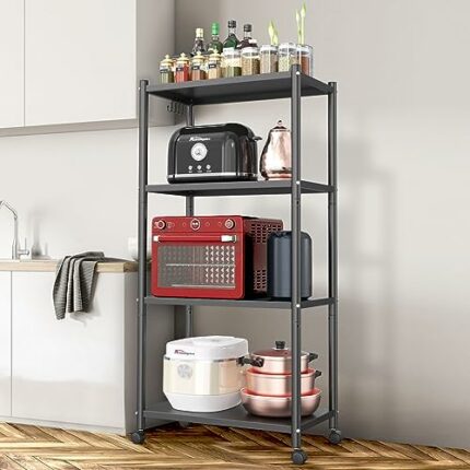 Ambitelligence Kitchen Bakers Rack, Heavy Duty Bakers Rack 4-Tier Free Standing Kitchen Storage Shelf Rack Hight Adjustable with Wheels & Feet, I