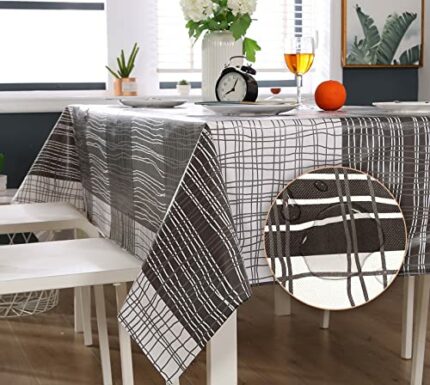 ENCOFT Rectangle Tablecloth Plastic, Waterproof Vinyl Tablecloth for Rectangular Table, Gray Black Stripes Oil Proof Spill Proof PVC Table Cloth