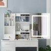 Saihemei Modern Makeup Vanity Desk with Mirror and LED Light, Makeup Table with 6 Drawers, Storage Shelves and Chair, 3 Lighting Modes and Adjust