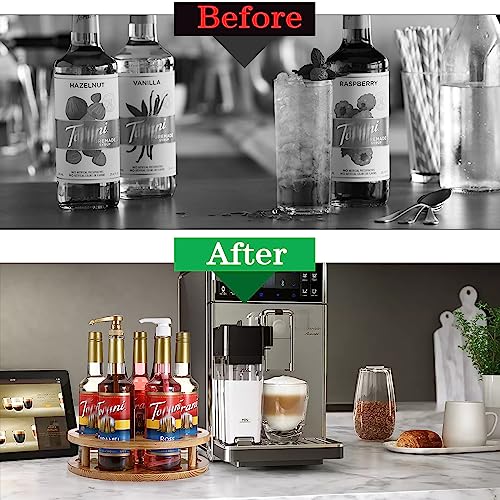 BSTKEY Rotating Syrup Bottle Holder Organizer, Vintage Wooden Coffee Syrup Rack Syrup Stand for Coffee Bar, 7 Bottles Countertop Freestanding Win
