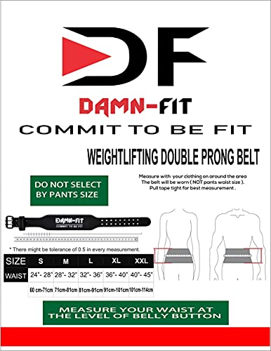 Damn-Fit® Leather Weight Lifting Belt Gym Fitness, 4” Wide Lumbar Support With Double Prong, Crossfit Bodybuilding Deadlift Powerlifting Squat Ba