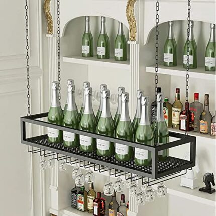 EMISOO Wine Rack Ceiling Hanging Holder Storage Wine Bottles and Glass Goblets Stemware Racks, Hanging Wine Glass Holder/Decorative Shelf/Storage