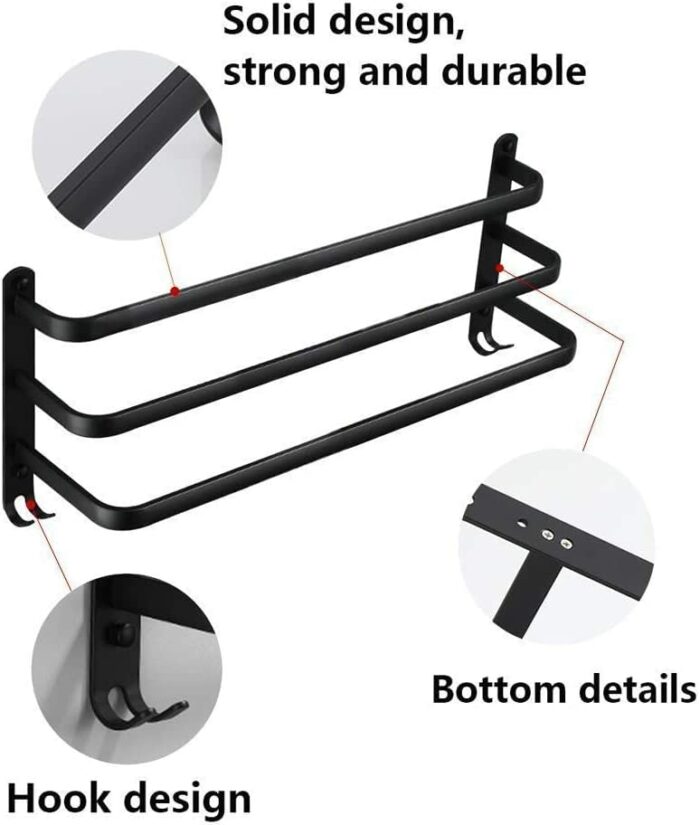 XHALERY Towel Rail 3-Tier Bath Towel Rack with Hooks Aluminum Wall Mounted Towel Holder Black 30CM Punch-Free Towel Bar Rail for Kitchen Bathroom