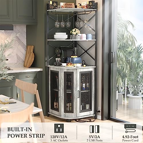 Aheaplus Corner Bar Cabinet with Power Outlet, Industrial Wine Cabinet with LED Strip and Glass Holder, 5-Tiers Liquor Cabinet Bar Unit for Home,