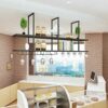 EMISOO Hanging Ceiling Shelf Hanging Wine Rack with Glass Holder and Shelf, Metal Ceiling Bar Wine Glass Rack, 2-Layer Industrial Wall Mounted Wi
