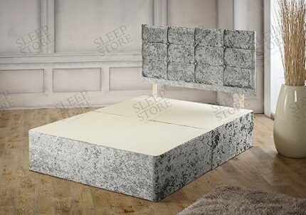 Crushed Velvet Divan Bed Base With 20" Deluxe Cube Upholstered Headboard | Storage Drawers Available… (Silver Crushed Velvet, 4.6FT Double - 0 Dr