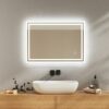 EMKE Bathroom Mirror with LED Lights, 500x700 MM Wall Mounted Shaver Socket Bathroom Mirrors with Extra Fuse, Dimmable Switch and Demister Pad, H