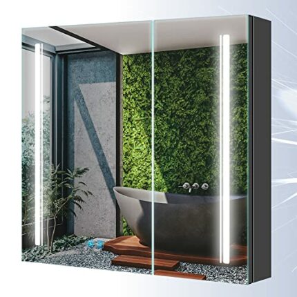Tokvon® Cascade Bathroom Mirror Cabinet 2 doors BLACK Wall Mounted 3 led color temperature shaver socket demister strip lights 650x600mm made of