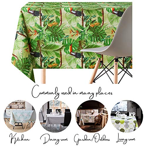 Green Tropical Jungle Wipe Clean Tablecloth - Textil Look - Rectangular 200x140 cm 78x55in - 6 Seats - Waterproof Vinyl PVC Wipeable Plastic Tabl