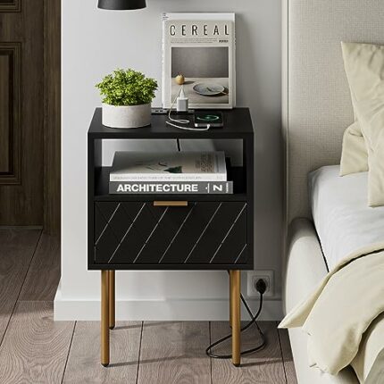 Masupu Nightstand with Charging Station,Mid-Century Modern Bedside Table with Storage Drawer and Open Wood Shelf,Small Gold Frame Side Table for