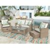 TJLSS Patio Furniture Set, 4 Piece Outdoor Conversation Set All Weather Wicker Sectional Sofa With Ottoman And Cushions